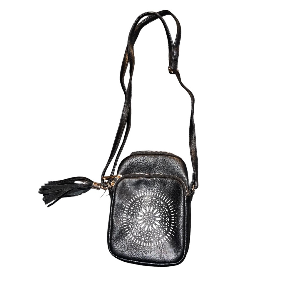NWT AFKOMST Crossbody Purse Laser Cut Detail Tassel Gold-tone Hardware Black